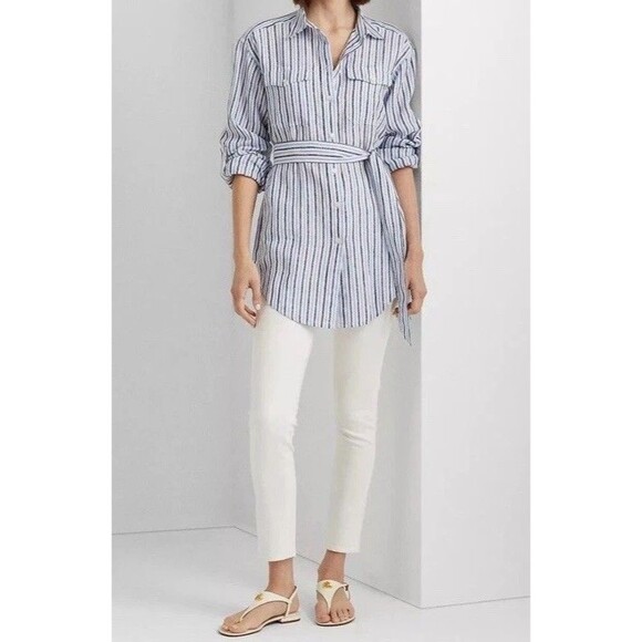 Lauren Ralph Lauren Women’s PS Striped BELTED‎ Linen Tunic Blouse Black Lable - Picture 5 of 8